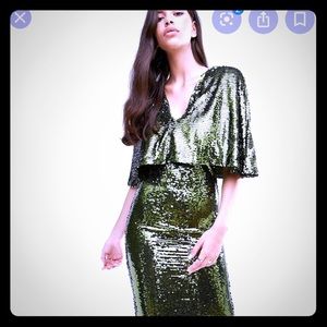 NWT Gold cape sleeve sequin midi dress
